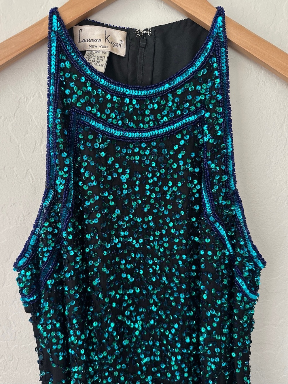 Vintage Laurence Kazar Black Silk Sequin Front Slit Halter Formal Gown, L - Picture 3 of 11